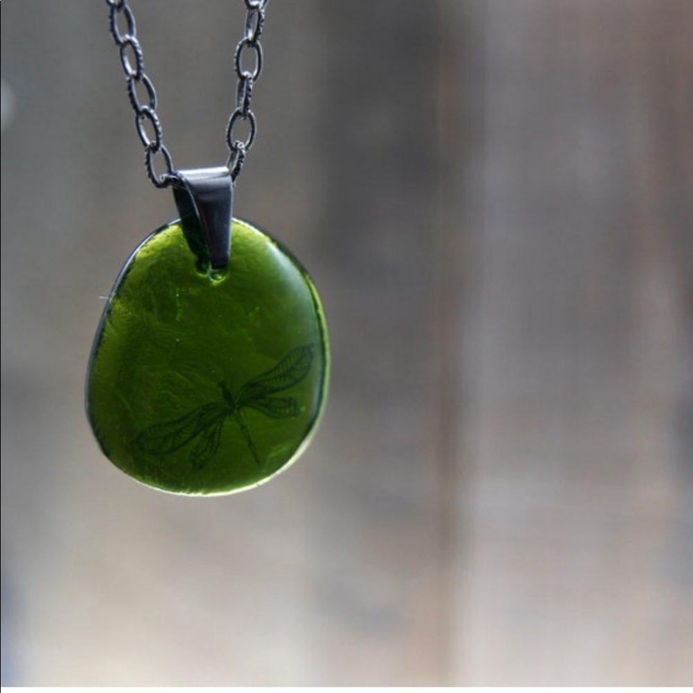 Glass Pendant Recycled Green Wine Bottle Dragonfly